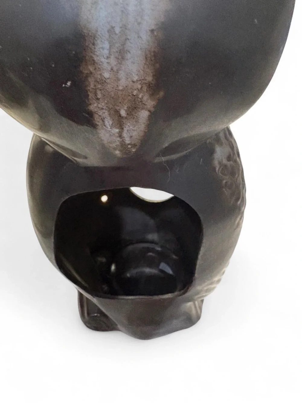 Vintage Ceramic Owl Votive Candle Holder Lantern Dark Brown Glaze Cutout 8
